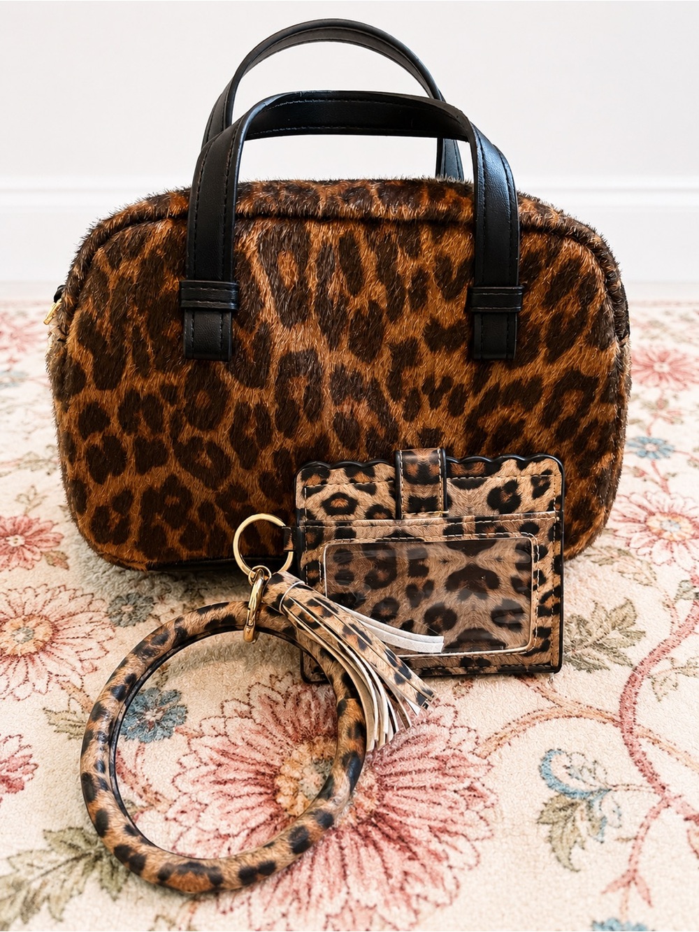 Leopard Print Faux Fur Mini Satchel with Matching Wallet & Keyring